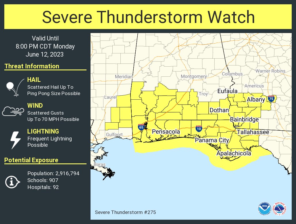NWSMobile's tweet photo. A severe thunderstorm watch has been issued for parts of Alabama, Florida, Georgia and Mississippi until 8 PM CDT https://t.co/K79FBQsfDw