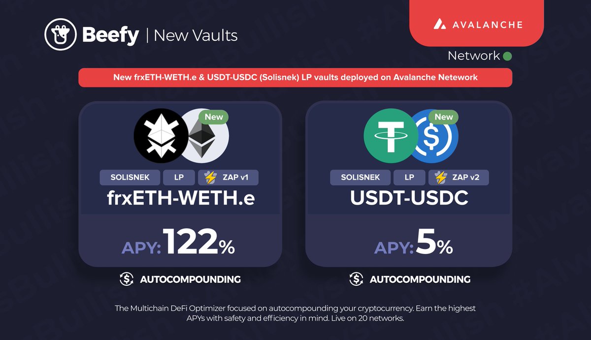 beefyfinance's tweet photo. Just wait a darn moment... is @solisnekfi a Metal Gear reference?

🆕 $frxETH - $WETHe: 122% APY
👉 https://t.co/GYPs6mNyDh
🆕 $USDT - $USDC: 5% APY
👉 https://t.co/jixLskgvw2

@fraxfinance #avalache @metalgear_jp @Metalgear https://t.co/N8asPmPdMa