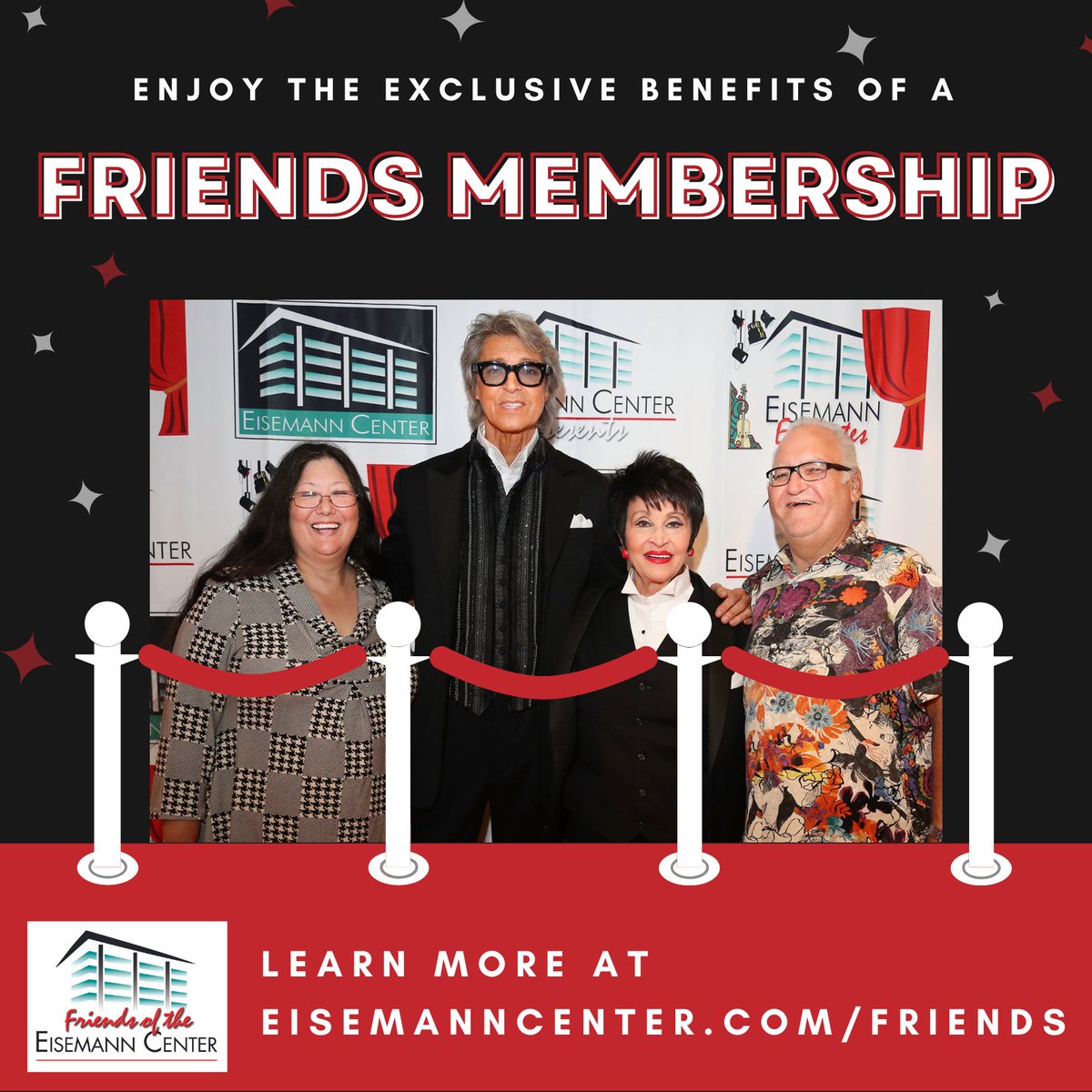 We are excited to share the updated list of Friends Membership benefits. Enjoy early ticket buying, invitations to special events, parking privileges and more!
Visit eisemanncenter.com/Friendsfor a complete list of benefits and sign up for a membership today.
