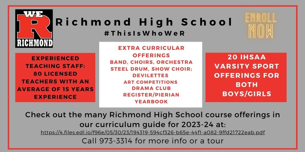 ENROLL NOW at Richmond High School - opportunities for every student's interests! Check out our 2023-24 Curriculum Guide link below👇 <a href="/LearnatRHS/">Richmond High School</a> <a href="/wearrrichmond/">WeRrichmond</a>