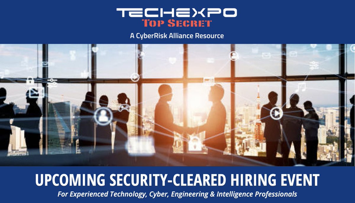 Last chance to register for our June 15th in-person TECHEXPO #TopSecret #Hiring Event & #Networking Reception. A secret clearance or above is REQUIRED. Register now with code CRA23: bit.ly/43hQT21
#cybersecurity #clearedjobs #defensejobs #cyberjobs