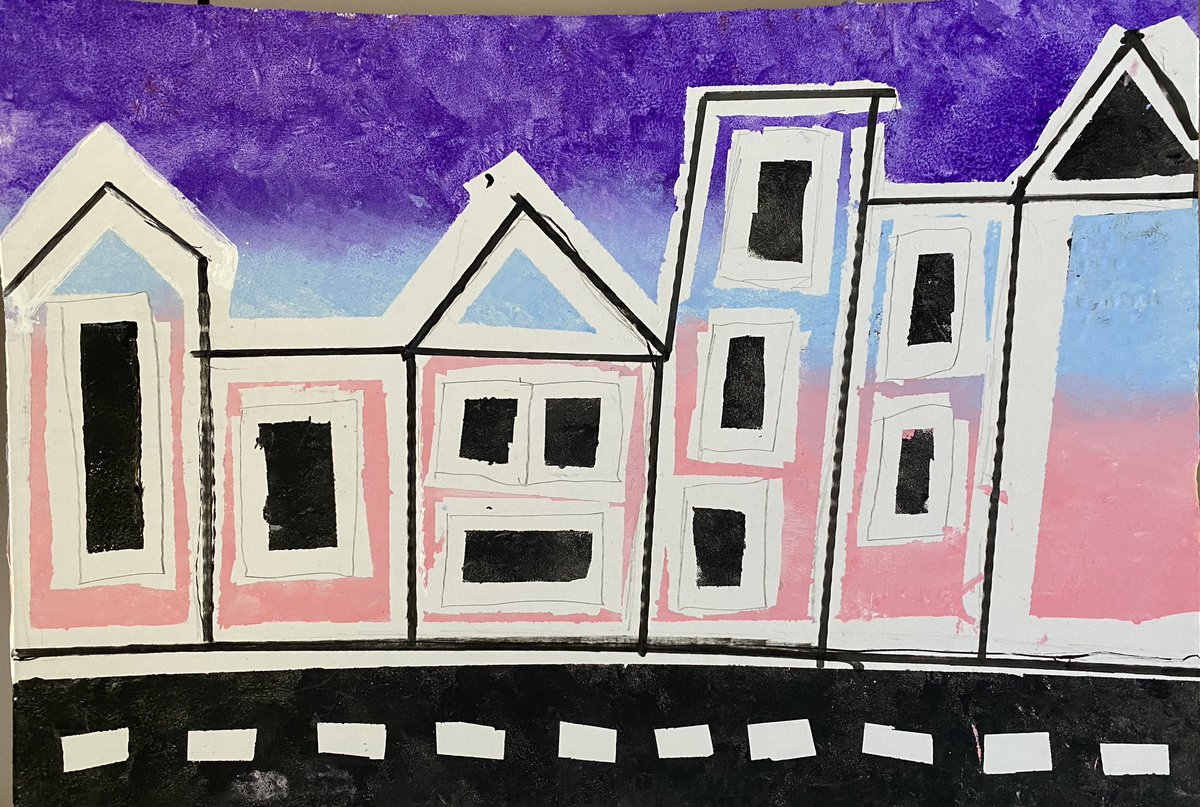 Primary Art Club today - using masking tape to create a Cityscape. Skills with sponges to create colour blends. Some great images I thought. #artclub #cityscape #maskingtapeart #sunset #sunrise #primaryartideas #artideasforkids  #brentwood #hutton #shenfield <a href="/LRPSHutton/">Long Ridings Primary School</a>