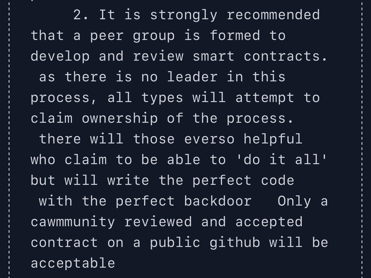 cryptomorgz's tweet photo. The process for developing and building #CAW is laid out clearly in the manifesto. 

Open source, no leaders, everything on GitHub which is peer reviewed. Public code. No approval from deployer needed, the instructions are clear. 

“There is no leader in this process, all types will attempt to claim ownership of the process”

Cawmmunity devs will update GitHub as and when there are further developments. 

Trust only that which is verified by the deployer. https://t.co/SaT8aWxfiT @CommunityCaw 

If other communities or groups are attempting to build, that’s great - this is decentralization but the manifesto must be followed.. interact with these at your own risk. 

One day #CAW will be released to the world. 🌙