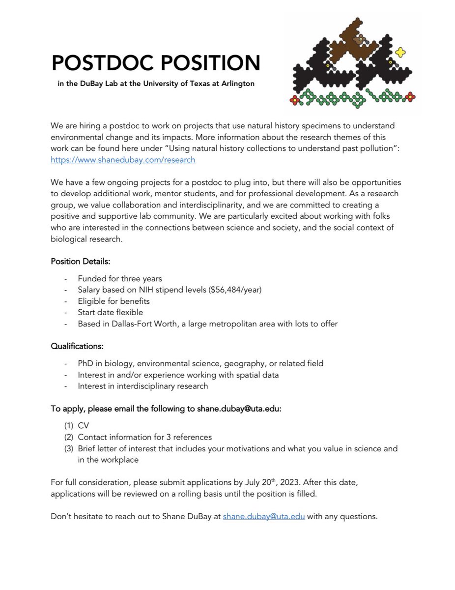 Jessie Williamson (@jl_williamson) on Twitter photo Fantastic postdoc opportunity in Shane DuBay’s lab at @utarlington to study environmental change using museum specimens, funded for 3 years (w/ benefits). Please RT! #CollectionsAreEssential Fantastic postdoc opportunity in Shane DuBay’s lab at @utarlington to study environmental change using museum specimens, funded for 3 years (w/ benefits). Please RT! #CollectionsAreEssential