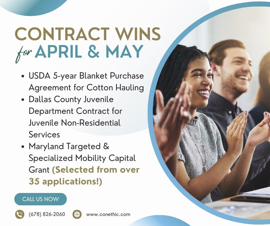 Celebrating another round of wins for April and May!

#ConethicWins #Consulting #Contracts #FundingSuccess #Government
#GovernmentContracts
#GovernmentConsultants #GovernmentGrants #GovernmentProcurement #Grants #GrantWriting #Procurement #ProposalWriting #SmallBusiness #Success