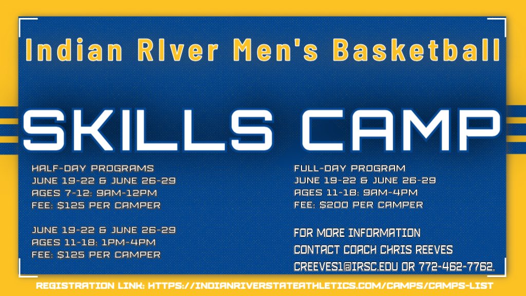 Join Indian River 🏀 Camp today! June 19th-22nd and June 26th-29th‼️

Follow the link below to register for camp⬇️
indianriverstateathletics.com/camps/camps-li…

If you have any questions reach out to Coach Reeves @coach_reeves42 or by email at creeves1@irsc.edu