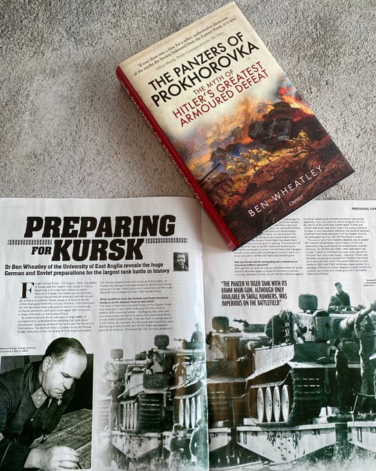 A copy of the book The Panzers of Prokhorovka next to an open spread from History of War Magazine with article by Panzers Author Ben Wheatley. 