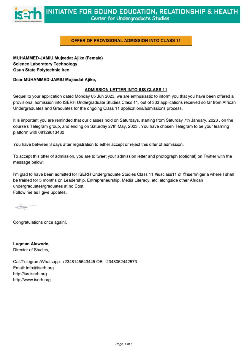 Ajike123456's tweet photo. @iserhnigeria @TaiyeFatimah I am glad to have been admitted for ISERH undergraduate studies class 11 #iusclass11 of @iserhnigeria where I shall be trained for 5months on leadership, Entrepreneurship,media literacy,etc, alongside other African undergraduate/graduate at no cost https://t.co/avSjSP21qf