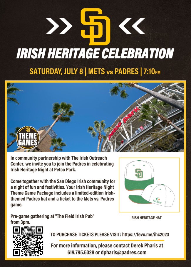 OutreachIrish's tweet photo. **** SELLING OUT FAST **** BUY NOW ****

If you haven't bought them already, join us for a huge night at the Padres celebrating Irish Heritage Night at Petco Park!

Follow QR code on flyer or click here: https://t.co/SP6793StUh https://t.co/8J70KGF1eR