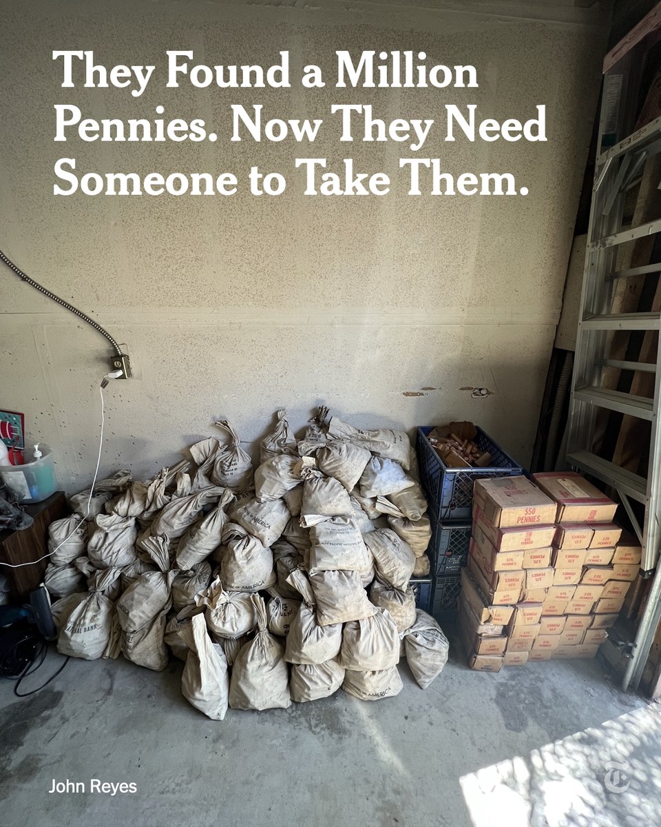 nytimes's tweet photo. A California family found around $10,000 while cleaning a relative’s Los Angeles home last fall. But it wasn’t so simple to collect the treasure — it came in the form of an estimated one million pennies. https://t.co/3kO9NgAk6y https://t.co/rMNkt4ykke