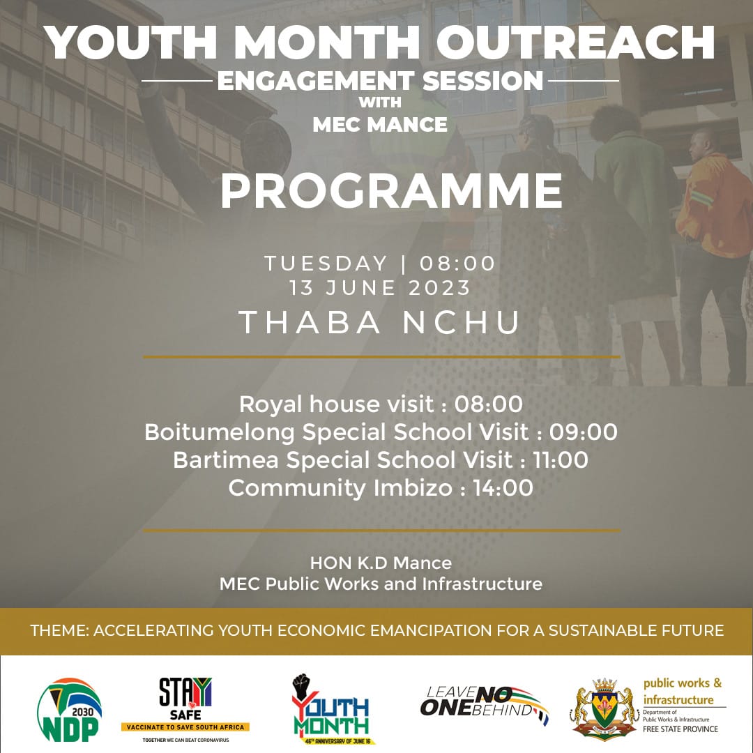 fsgov's tweet photo. Thaba Nchu, @fsdpw MEC, Dibolelo Mance will be in your town tomorrow, Tuesday, 13 June 2023. The MEC will be embarking on a #YouthMonth2023 outreach programme and a community imbizo. #LeaveNoOneBehind #YouthMonth #makingyourfutureworkbetter https://t.co/h5VOPfnWeO