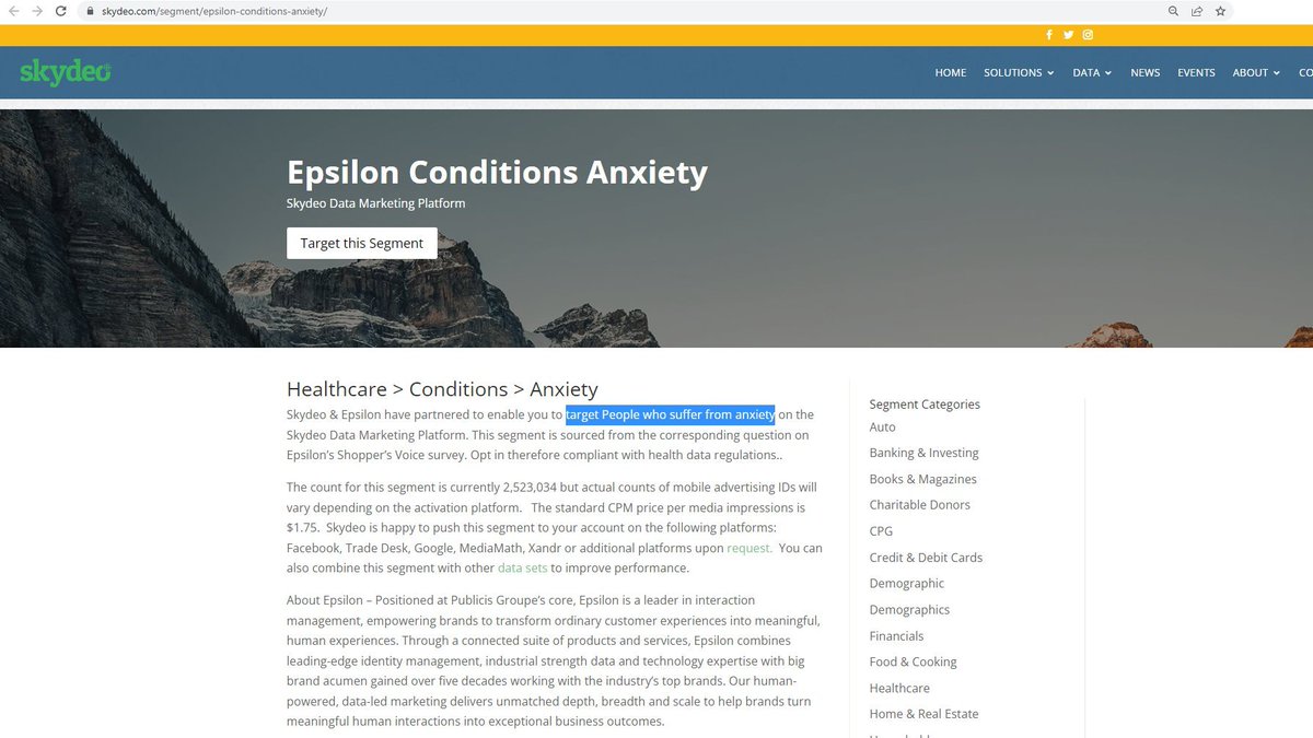 Here's the description of Skydeo's people-who-suffer-from-anxiety segment. The data comes from Epsilon, a data broker owned by French Publicis group. While other health segments are based on claim/prescription data, this one appears to be based on survey data and modelling magic.