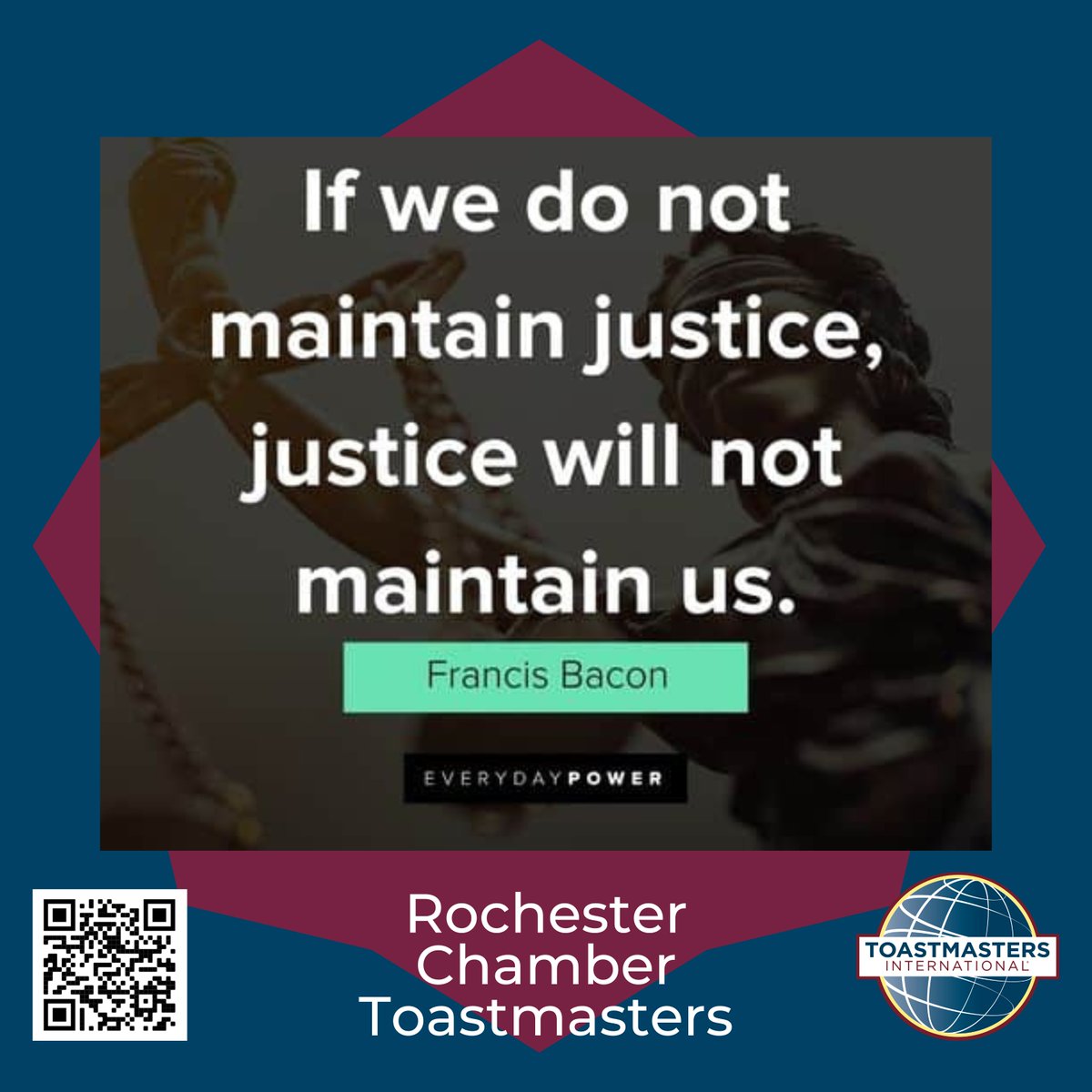 ChamberTmasters's tweet photo. Monday Motivational - May you further the cause of justice in the world this week #Toastmasters #d6tm #rochmn #RocHMN #publicspeaking #mentorship #dmcmn #neighborshare #neighborstory #neighbors #justice https://t.co/Cmbard7AT0