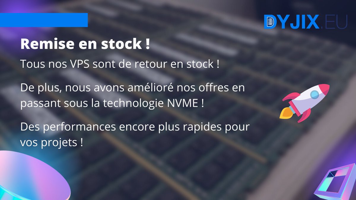 📢 Bonne nouvelle ! 📢

Tous nos VPS sont de retour en stock ! 🚀

Découvrez nos nouveaux VPS NVME dès maintenant !

▶ dyjix.eu/offres/vps/nvme