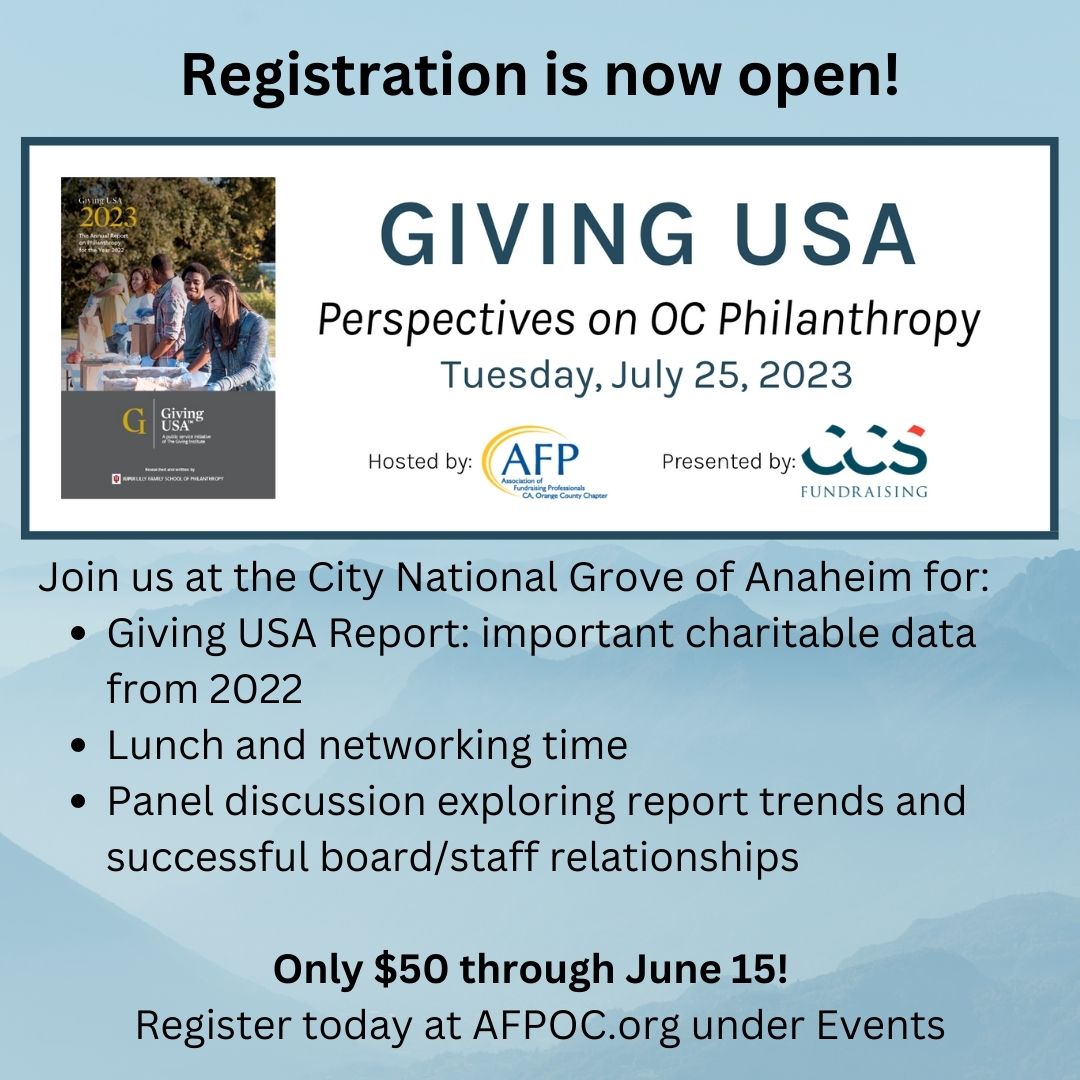 AFPOrangeCounty's tweet image. Don't miss this year's Giving USA presentation at the City National Grove of Anaheim. Early Bird registration ends June 15th!
