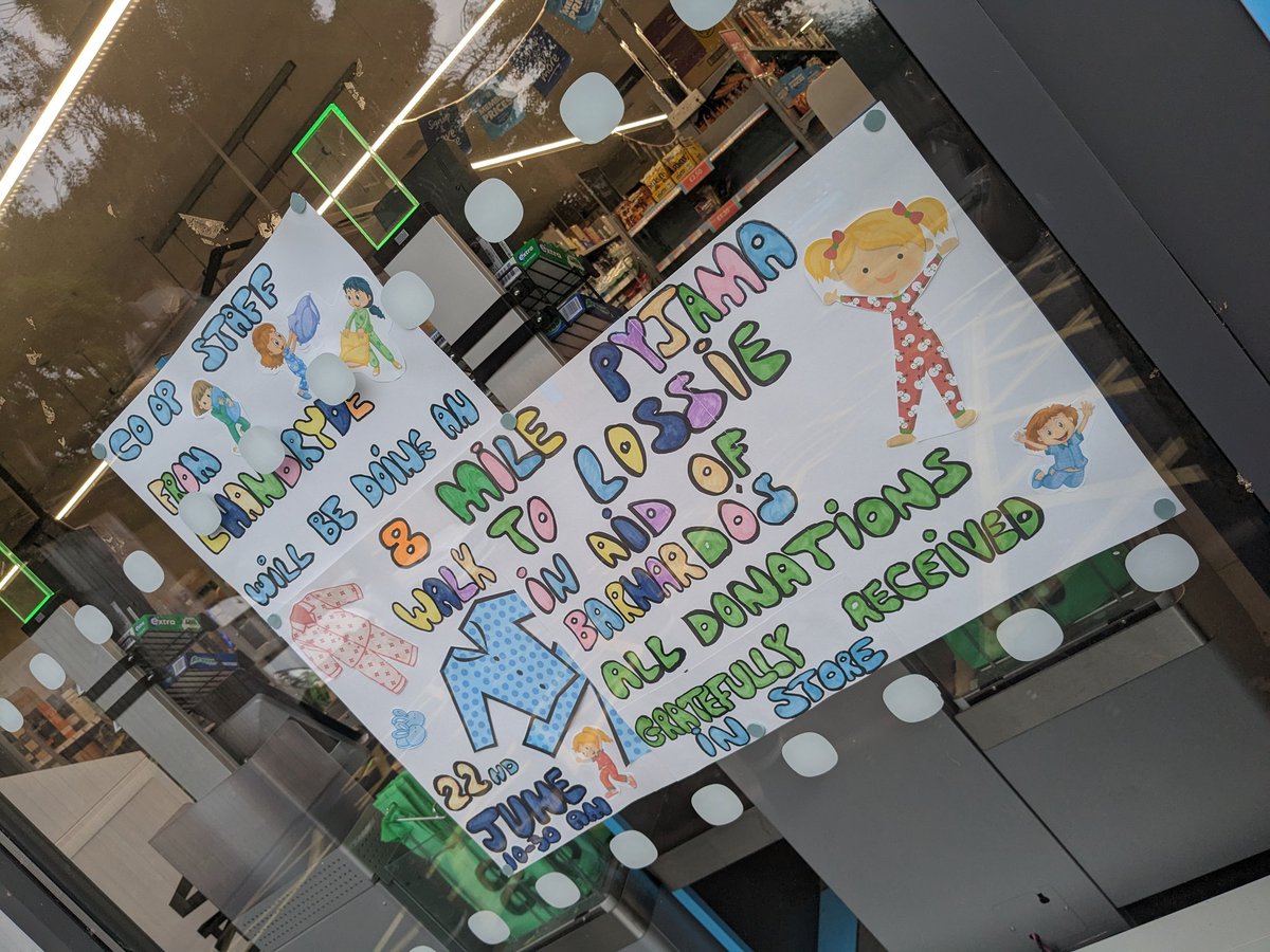 FochLhanbMP's tweet photo. The fantastic staff at #Lhanbryde Co-op are doing a sponsored walk in their pyjamas to raise money for @barnardos , next week! ✨. 
Any donations are able to be made in store for this amazing charity! 

@coopuk #ItsWhatWeDo #CoopUK https://t.co/rjY9Bu7Z4a