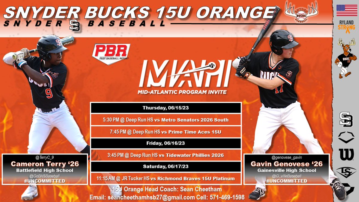 Check out Snyder Bucks 15U Orange opening weekend schedule for the <a href="/PBRTournaments/">Prep Baseball Tournaments</a> Mid Atlantic Program Invite in Richmond, VA. First game is Thursday 06/15 @ 5:30PM at Deep Run High School.
Good Luck BUCKS!!!
🦌⚾️🦌
