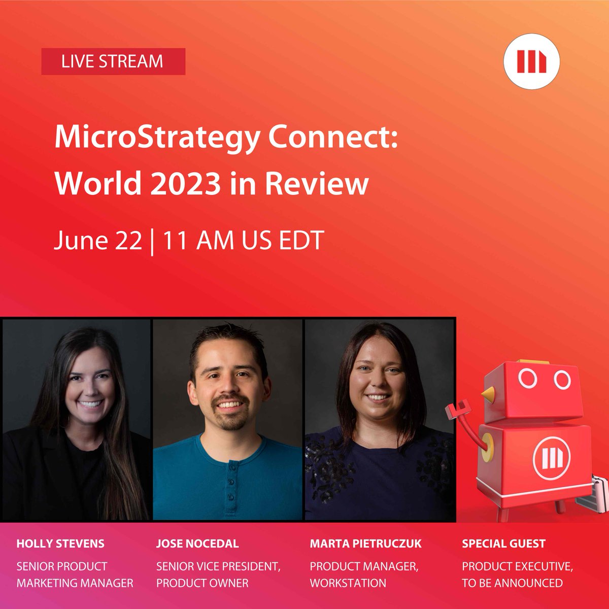 MicroStrategy's tweet photo. We've got our next #MSTRConnect coming your way!
Join us on June 22 at 11:00AM EDT to hear all about World; we're talking Future of #Augmented, Generative #AI, and #Cloud. Plus, join us to see a very special guest make his Connect debut!
Register here: https://t.co/tyZromdTsI https://t.co/jfXH9c6gbh