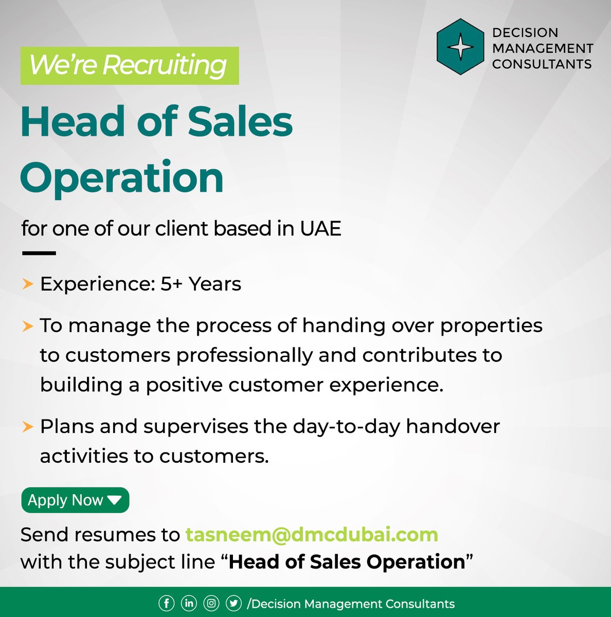 mydmcdubai's tweet photo. #wearehiring #openposition #salesoperation #dubaijobs #uaejobs #jobsindubai #jobsinuae #dmc #decisionmanagementconsultants https://t.co/5Az3H4HdNp