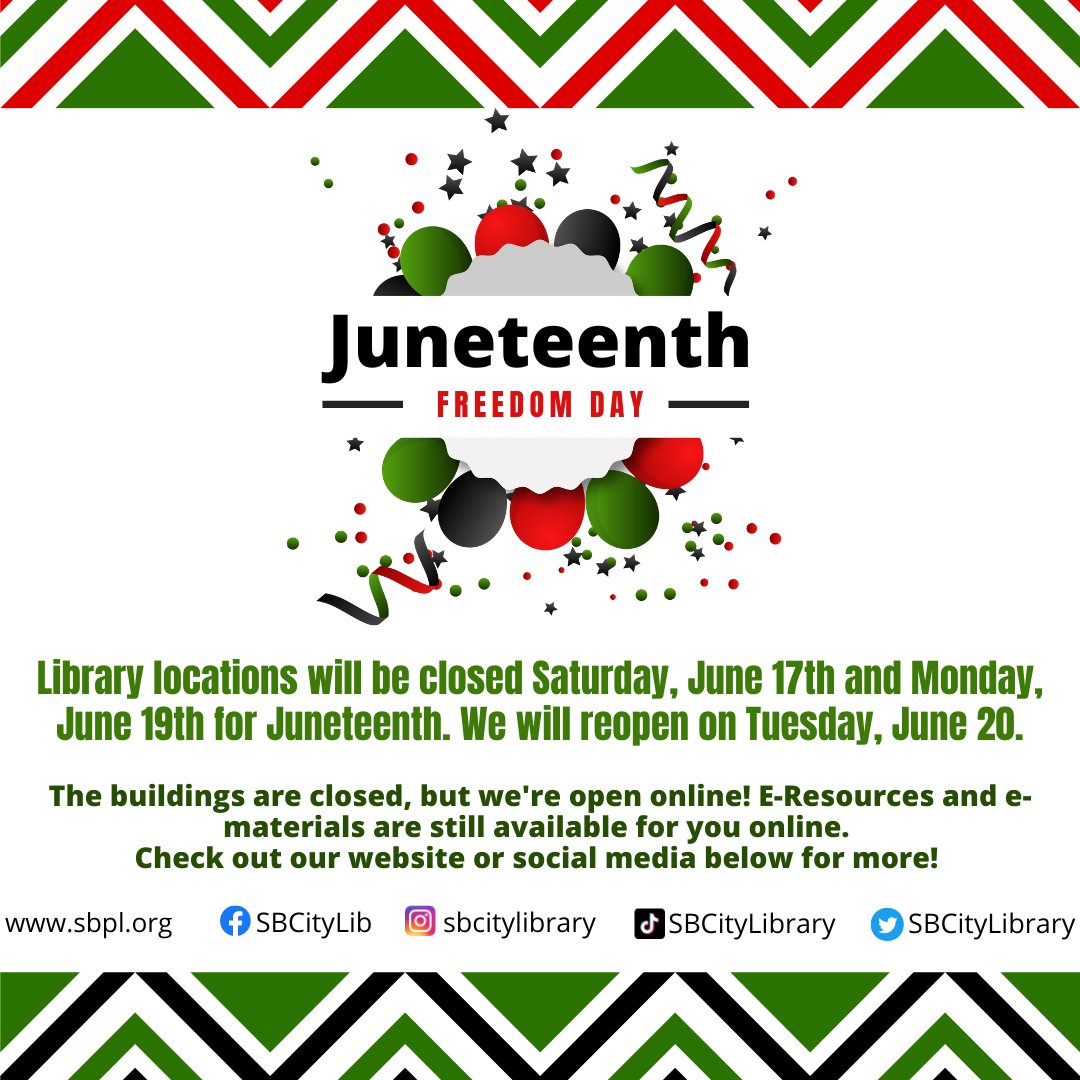 Library locations will be closed on 6/17 and 6/19 for Juneteenth and reopen on 6/20. While closed you can still access services online, so check out our website at sbpl.org #SanBernardino #SBPL #SanBernardinoPublicLibrary #InlandEmpire #Closed #Holiday #Juneteenth