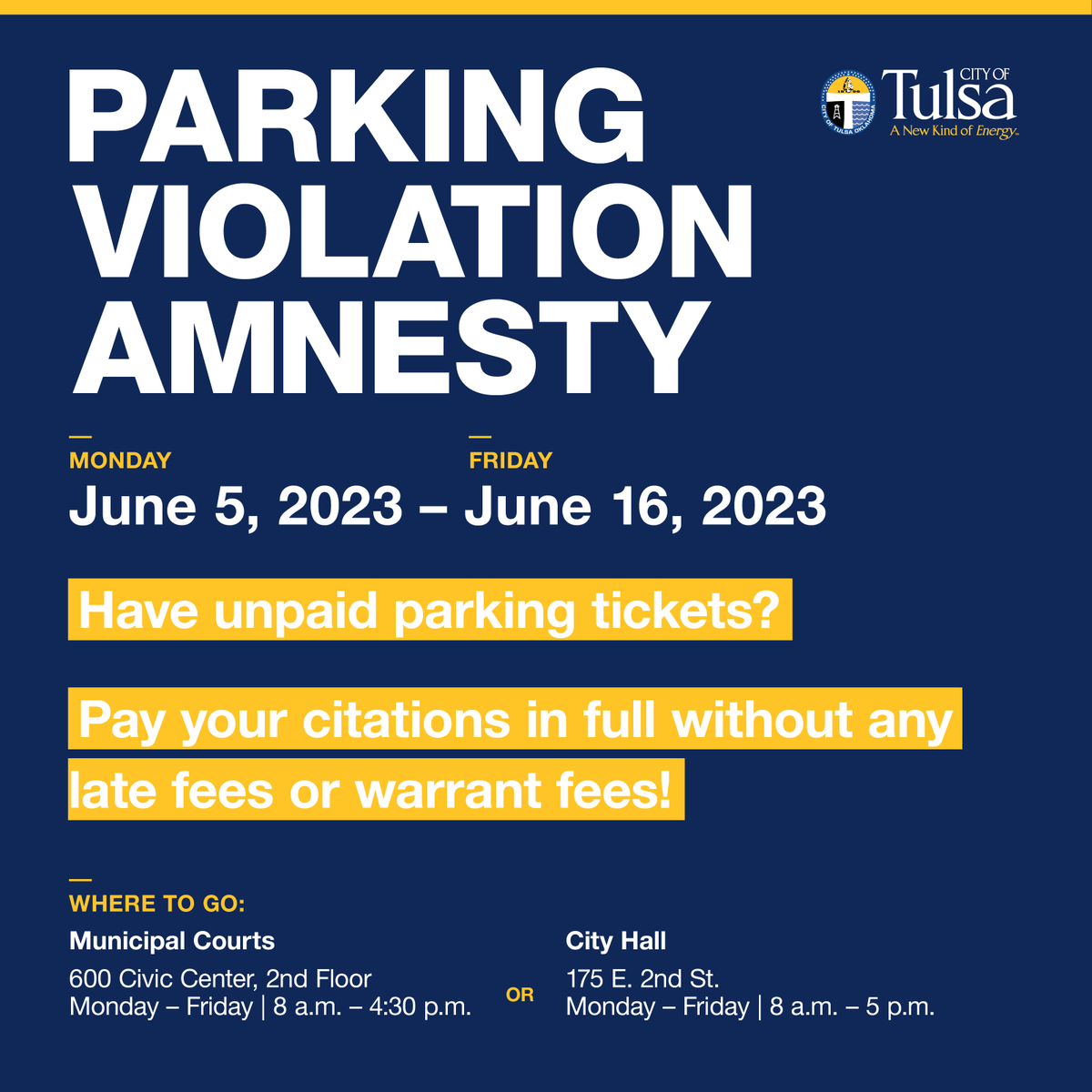 cityoftulsagov's tweet photo. You still have time this week to take care of tickets during Parking Ticket Amnesty Week. 

Amnesty week offers a grace period to pay outstanding moving violation tickets free from late fees and warrant fees. Payment plans available. Learn more at https://t.co/If9uo8ilDC https://t.co/29kPRBMPQL