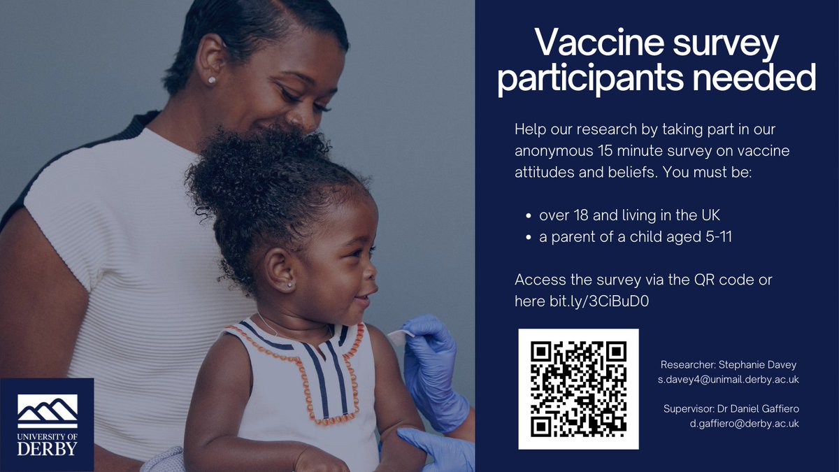 Survey participants needed for my vaccination research MSc! Participants must be: 🇬🇧 over 18 and in the UK 👧 parent of a child aged 5-11 #healthpsychology #vaccines