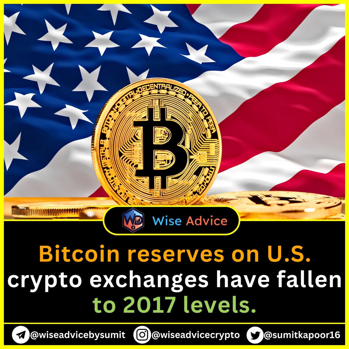 📣Bitcoin reserves on U.S. crypto exchanges have fallen to 2017 levels