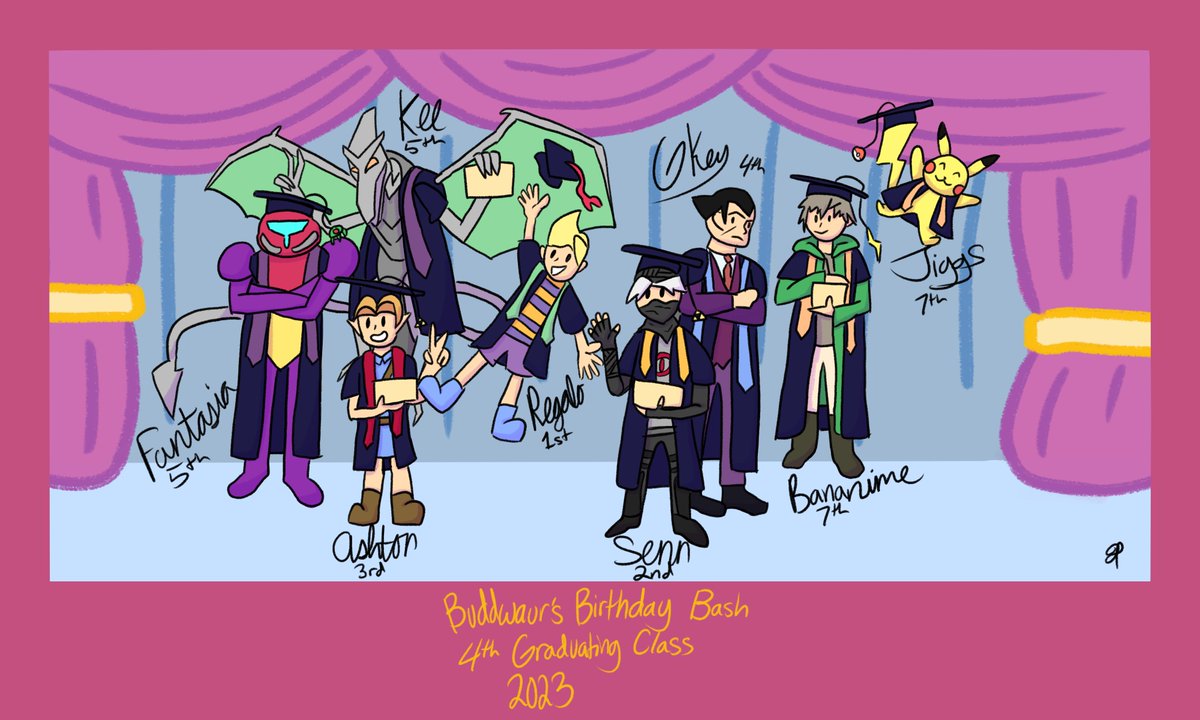 Buddwaur's tweet photo. BBB4: Graduation Edition Ultimate top 8! Thanks for making this series awesome, but its time to move on to bigger things. Congrats to @Regalo_BombKid for winning.

1. 💣💣💣
2. @sennpunchy 
3. @Ashton_SSBU 
4. @GKey_NC
5. @kitofntsa / @KeeganL03 
7. @roachinthetub / @Bananimee https://t.co/LPUrmjsy5P