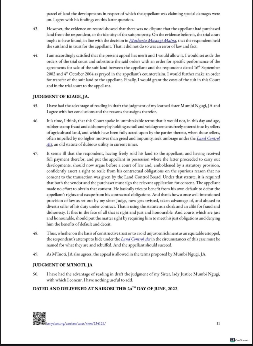 CaxstonePKigata's tweet photo. Lack of Land Control Board (LCB) consent does not void land agreements, Court of Appeal rules. Hon Kiage was more candid. That a Vendor cannot use the Land Control Act as a cloak and an alibi for fraud and dishonesty. https://t.co/66oUgiBkhC