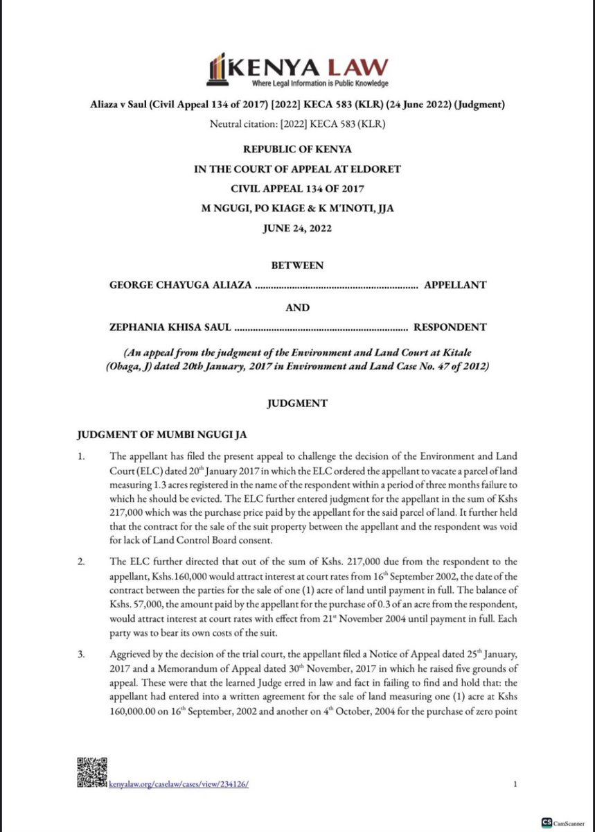 CaxstonePKigata's tweet photo. Lack of Land Control Board (LCB) consent does not void land agreements, Court of Appeal rules. Hon Kiage was more candid. That a Vendor cannot use the Land Control Act as a cloak and an alibi for fraud and dishonesty. https://t.co/66oUgiBkhC