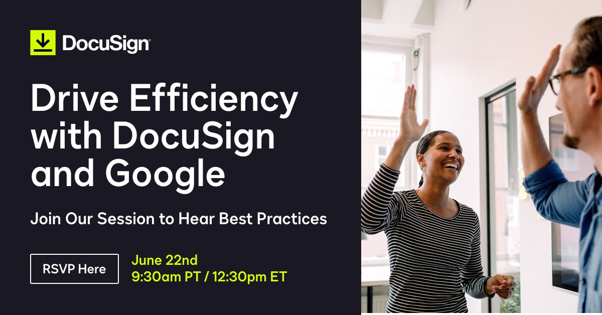 Docusign's tweet image. With #GoogleSuite and #DocuSign you can:
- Optimize critical workflows
- Decrease costs
- Grow your business
Join us and explore the integration: bit.ly/3Nr7QSq