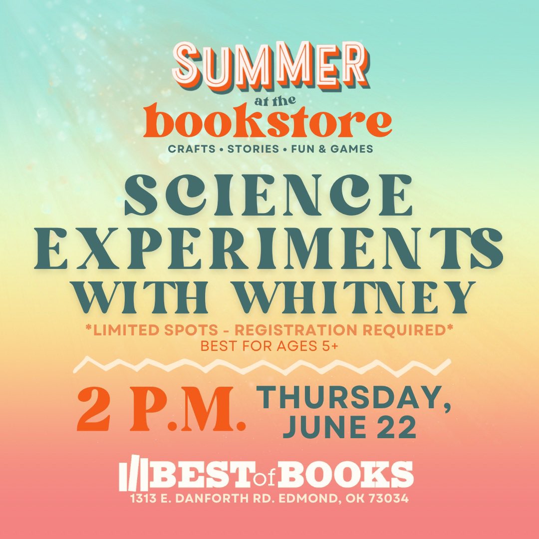bestofbooksok's tweet photo. Summer at the Bookstore! Activities for kids every Thursday from 2-3 p.m. at Best of Books. See our full summer line up and sign up using the link: https://t.co/FbMWuleWMU

#summeractivitiesforkids #kidsactivities #storytime #pets #indiebookstore #edmondok #shoplocal #bestofbooks https://t.co/PmYsKqdtLD