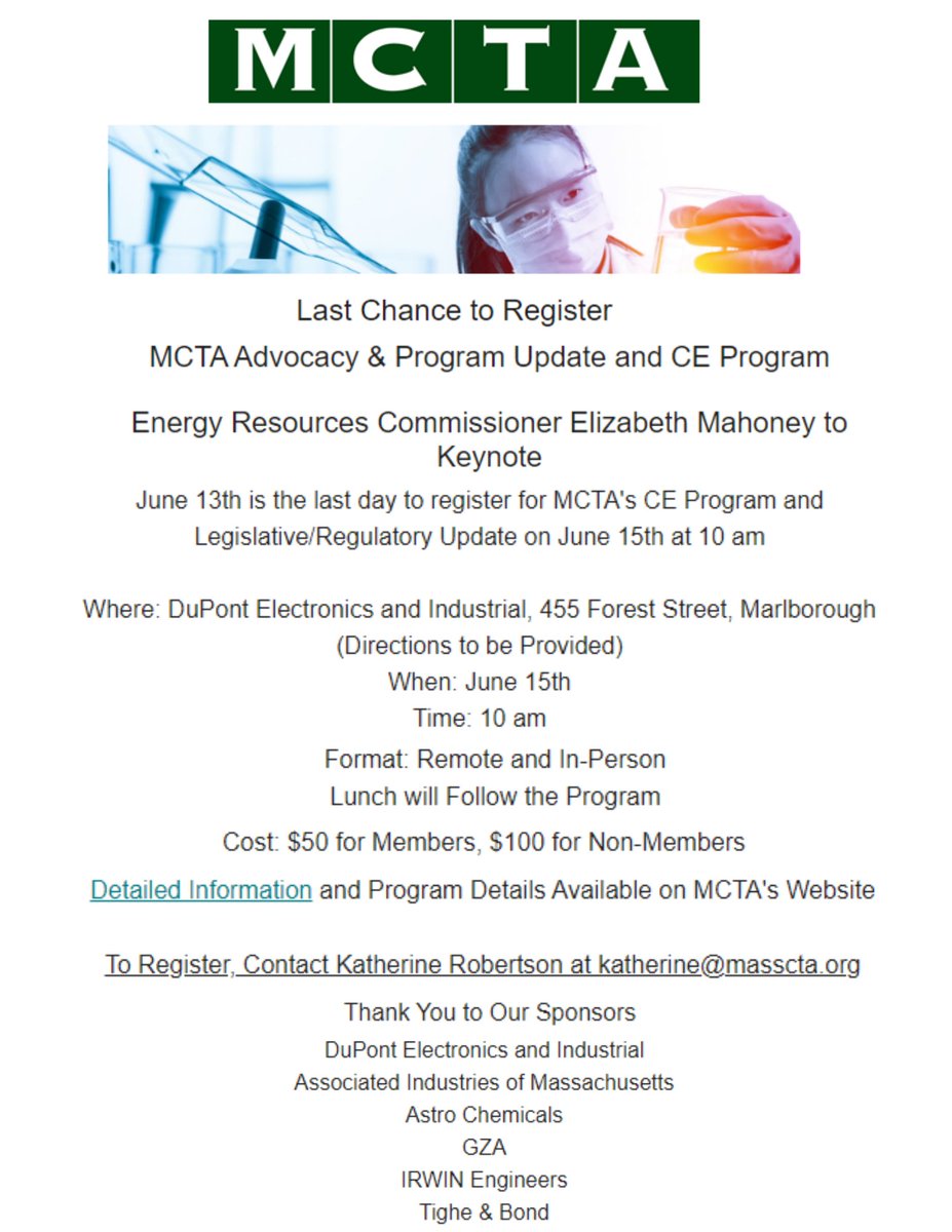 June 13th is the last day to register for MCTA's CE Program and Legislative/Regulatory Update on June 15th at 10am! You won’t want to miss this program featuring Elizabeth Mahoney as the keynote speaker.
Register today! Contact Katherine Robertson at katherine@masscta.org