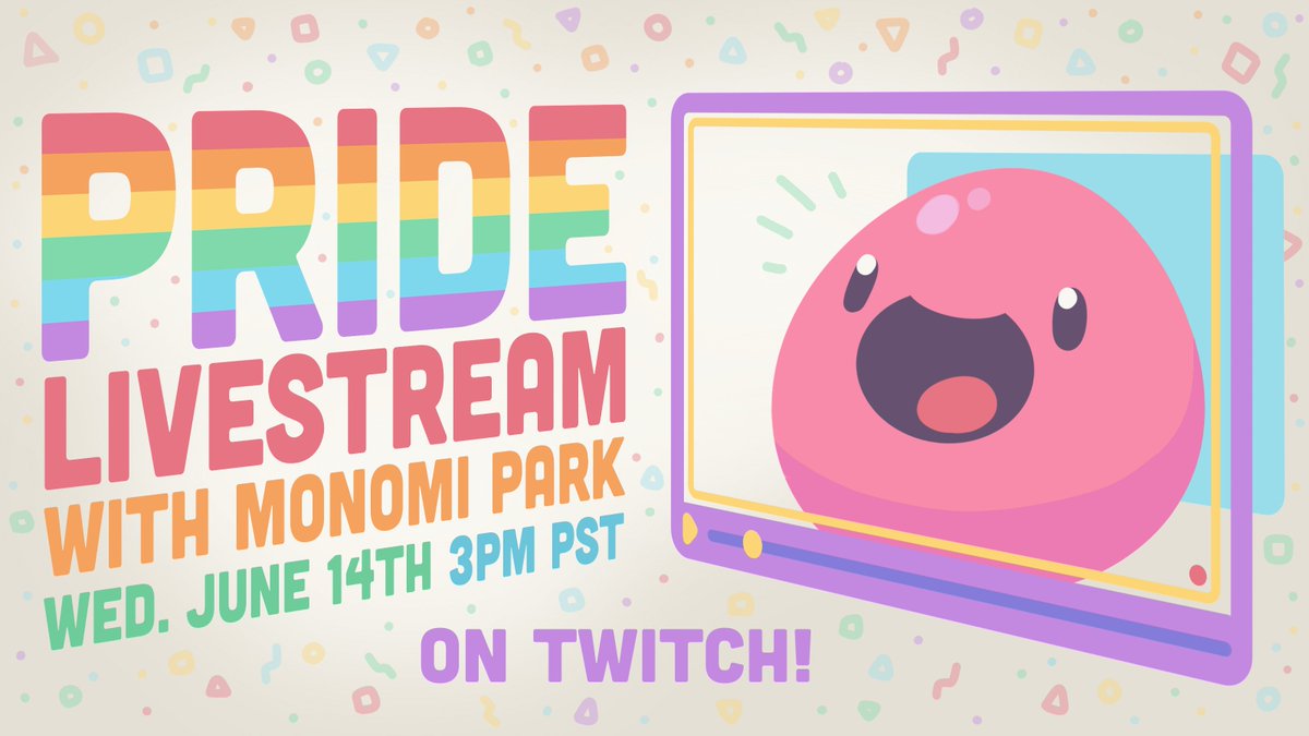 Join us on June 14th for a doodle-filled Pride Stream 🌈 We're chatting with some of the talented folks behind Slime Rancher to celebrate! We'll be taking doodle suggestions from fans, so make sure to join the fun 😉 📺 twitch.tv/monomipark