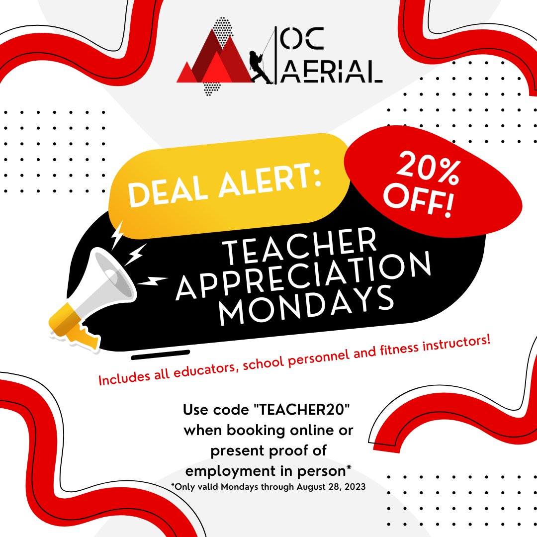 OCAerialnc's tweet photo. School's out for summer 😎 And Teacher Appreciation Mondays are here! 🍎👨🏼‍🏫✏️

Teachers and instructional personnel of all kinds are invited to use deal code “TEACHER20” to redeem 20% off any Monday ticket purchase at OC Aerial now through August 28. https://t.co/kGBT3mzBUX