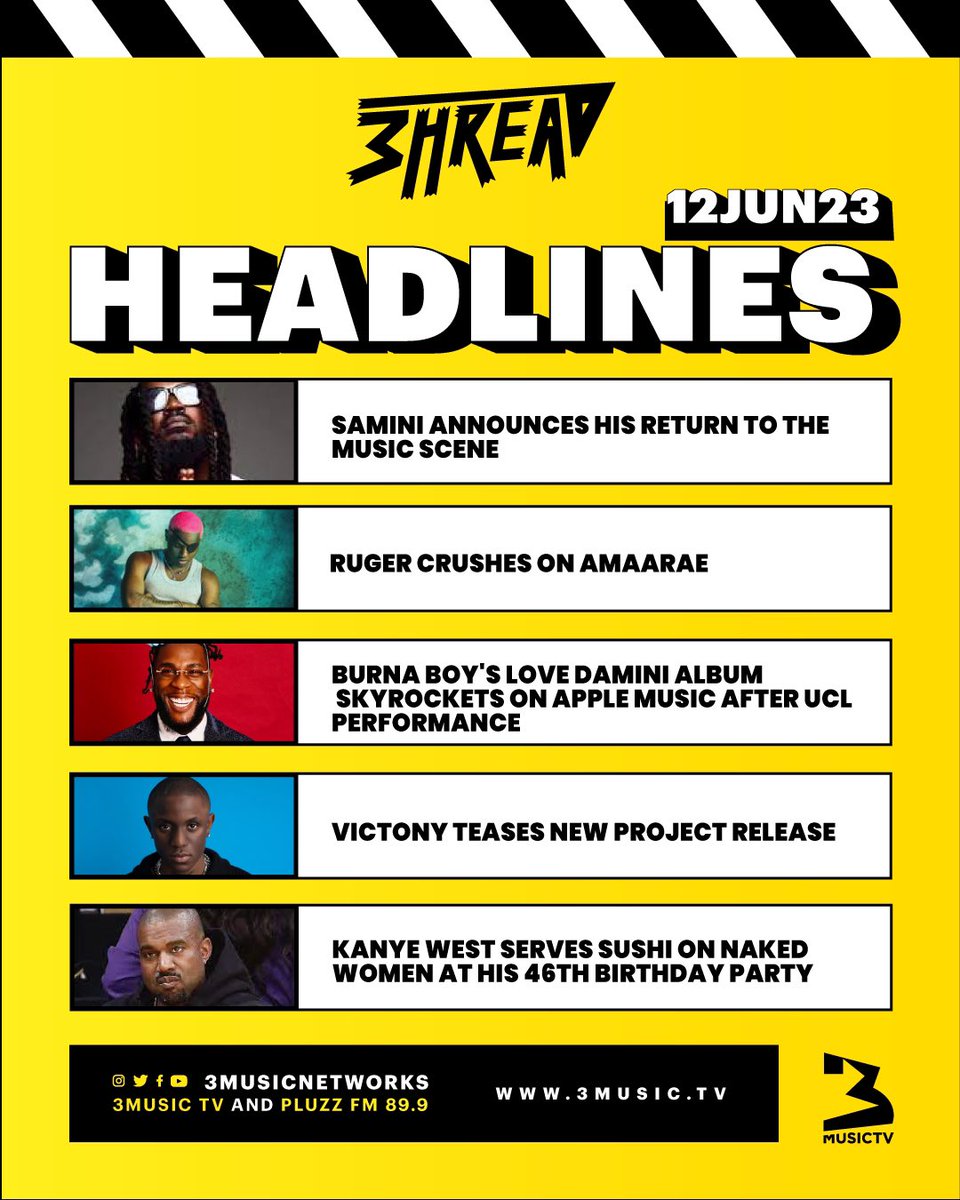 3musicnetworks's tweet image. You can't have a dull moment with us, as we bring you the hottest headlines for the night on #3hreadlines with @essilfua_. 

Tune in for the news at 7:00 pm. 

#EntertainmentNews