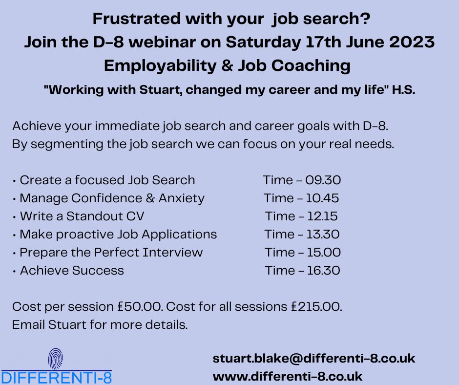 On Saturday 17th June, D-8 is running a day of job search webinars. Join for 1 session or the whole day. For more information, message me. #jobseeking #jobseekers #cvwriting #inteviewcoaching #careerplanning #graduates #recruitment #confidence #aussiesinlondon #kiwisinlondon