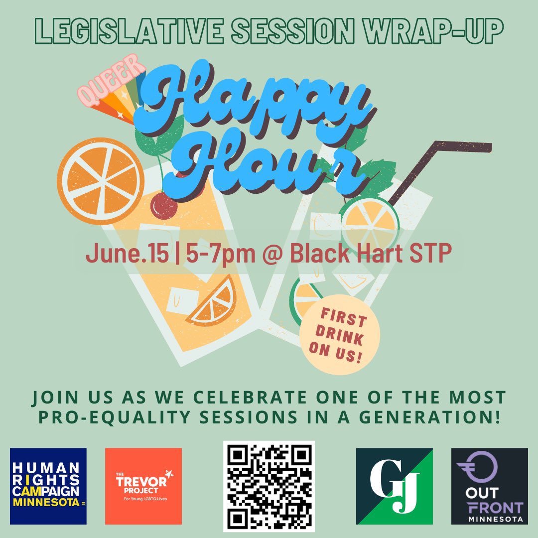 Looking forward to toasting friends this Thursday at @BlackHartSTP for a fun legislative session wrap-up happy hour! 🏳️‍🌈💚🏳️‍⚧️