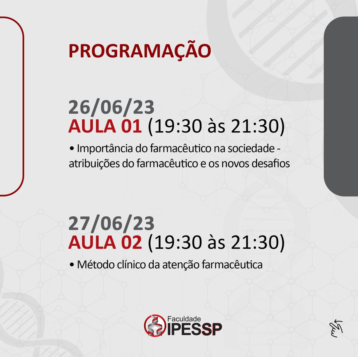 IPESSP's tweet image. Confira a programação completa do curso de Introdução a Farmácia Clínica e Oncológica do IPESSP! Palestras imperdíveis sobre as últimas tendências na área farmacêutica. A partir de 26/06 às 19:30.