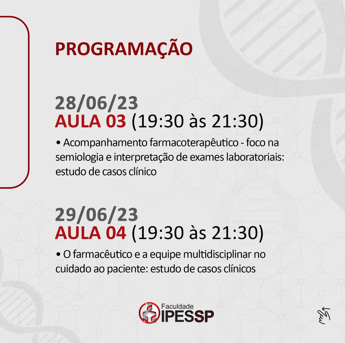 IPESSP's tweet image. Confira a programação completa do curso de Introdução a Farmácia Clínica e Oncológica do IPESSP! Palestras imperdíveis sobre as últimas tendências na área farmacêutica. A partir de 26/06 às 19:30.