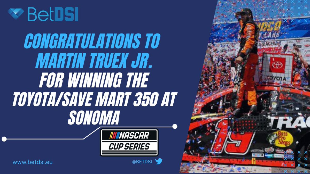 BetDSI's tweet photo. Congratulations to Martin Truex Jr. on a thrilling victory at the Toyota/Save Mart 350 at Sonoma Raceway! ππ An impressive performance that will make fans keep an eye on the number 19 car! Well done, Martin! ππ₯ #ToyotaSaveMart350 #TruexJr #NASCAR75 https://t.co/1oparE7o88