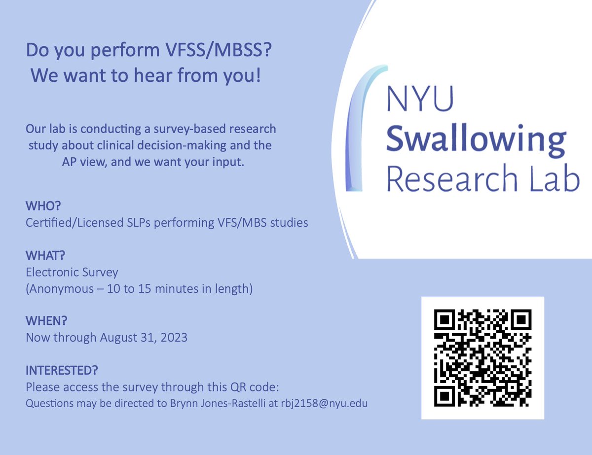Are you an SLP that completes VFS/MBS studies? Please consider participating in our research! Details below <a href="/SRL_NYU/">NYU Swallowing Research Lab</a>
