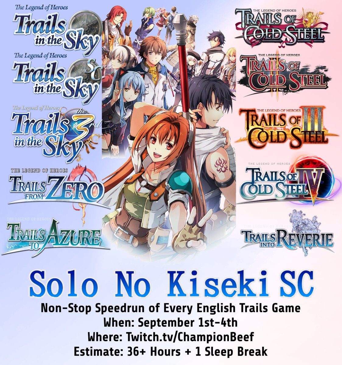 Champion_Beef's tweet photo. Solo no Kiseki SC - September 1st-4th, Starting around 9 AM CST @ https://t.co/d3JWT61nXa
#speedrun #Falcom #TrailsintoReverie https://t.co/kaLLnLblEL