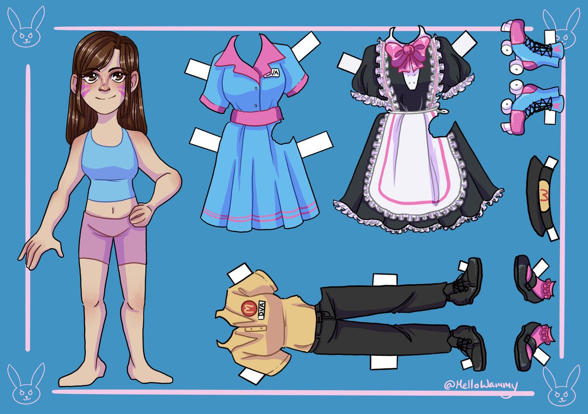MelloWammy's tweet photo. Also! Heres the merch I did for the zine! It's a paper doll of DVA from overwatch!! Feel free to have fun with it and tag me if you end up printing it! 
#OverwatchFanart #Overwatch #DVA #fanart https://t.co/yIlsfIxgtr