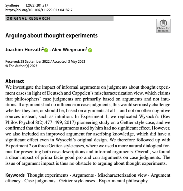 New paper with Joachim Horvath: Arguing about thought experiments (Synthese; open access). Can (informal) arguments influence knowledge ascriptions in Gettier-style cases (GSC)? Short thread…(1/4)
