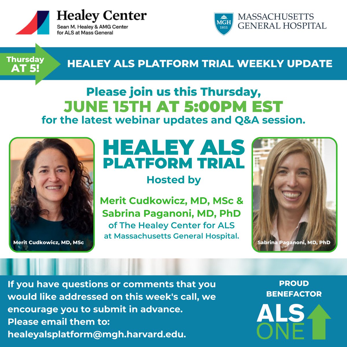 alsone_official's tweet image. Join us this Thurs. 6/15 @ 5pm EST for the Healey #ALSPlatformTrial wkly webinar w/hosts Dr.'s @MeritCudkowicz and @PaganoniMDPhD of @MGHNeurology, who will review the latest webinar updates and take Q's. Reg: lnkd.in/e6FYk7tA.
#ALS #PlatformTrial #HealeyHope #EndALS