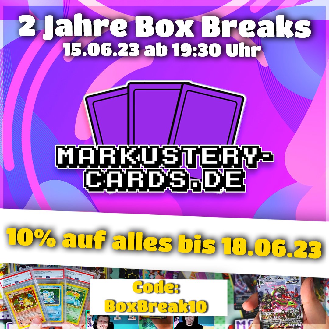 🔴NEWS🔴

Heute  vor 2 Jahren habe ich meinen ersten Box Break auf Twitch gestreamt. 

Zur feier dafür, gibt es eine Woche lang 10% auf alles im Shop! Ja auf alles. Pokemon, Yu-Gi-Oh &amp; Zubehör. 

📌markustery-cards.de

Danke💜