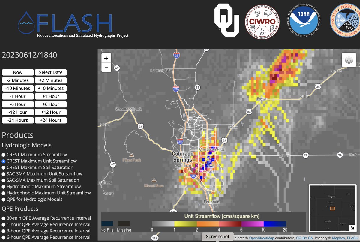 Some serious looking CREST unit Q values near Colorado Springs area, forced by MRMS QPEs estimated at 2.5”/hr !