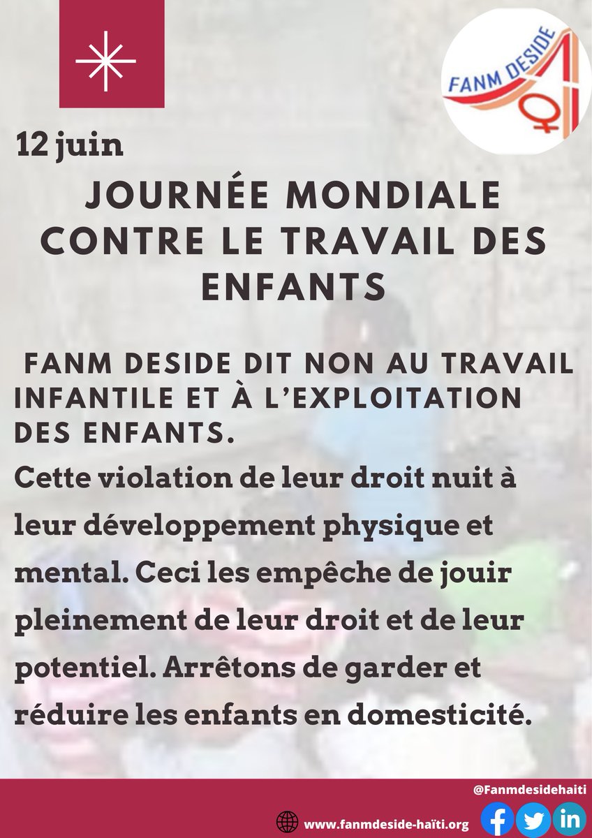 Fanm Deside dit NON au travail infantile et à l'exploitation des enfants. 

#journeemondiale #travaildesenfants #Haïti