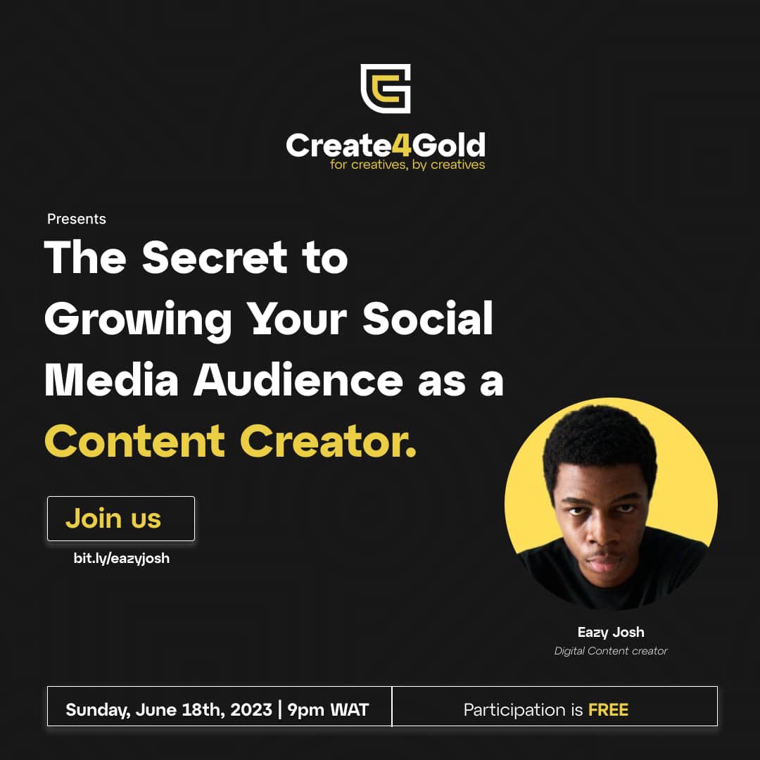 Createforgold's tweet photo. Are you looking to organically grow your social media audience? Don't miss out on Create4Gold’s exclusive webinar in collaboration with Eazyjosh where he shares the secrets behind his success in audience expansion. https://t.co/N6LOySEEIb